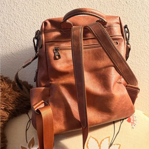 Vintage Tan vegan Leather Backpack with Patterned Strap - Picture 6 of 11